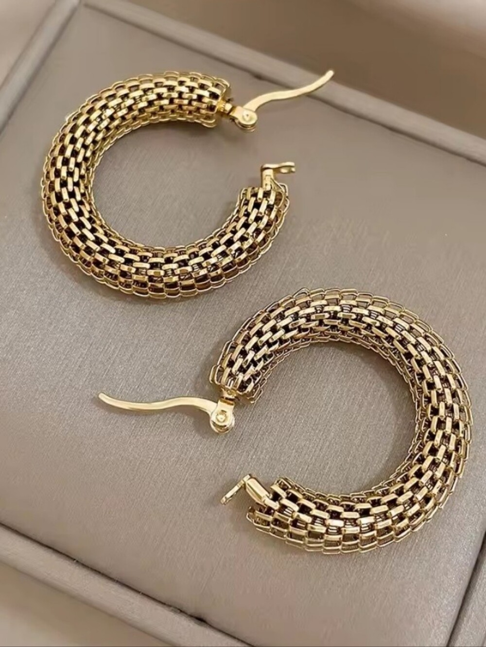 Stainless Steel Gold Tone Geometric Metal Mesh Earrings